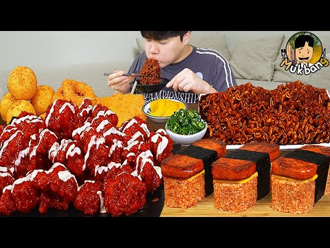 ASMR Mukbang دجاج مقلي اصبع جبنة نودلز الفاصوليا السوداء الكيمتشي الطعام الكوري وصفة