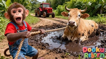 SHOCKING! Monkey Farmer Pulls Cow From Mud With Tractor!