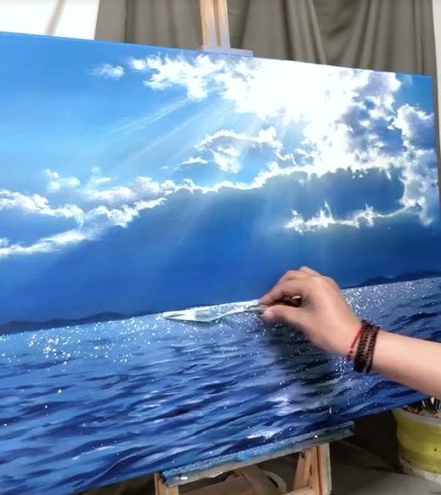 Simple Acrylic paint painting for beginner,How to draw blue sea/ocean (step by step)