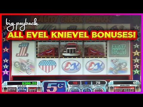 ALMOST THE IMPOSSIBLE on Evel Knievel Slots! ALL BONUS FEATURES!