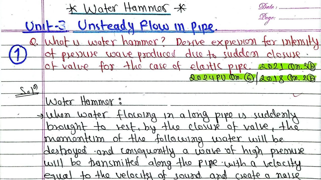 Unit-3:Unsteady Flow in pipe|Water Hammer, Pressure rise in elastic pipe|Hydraulics PU PoU TU KU BE