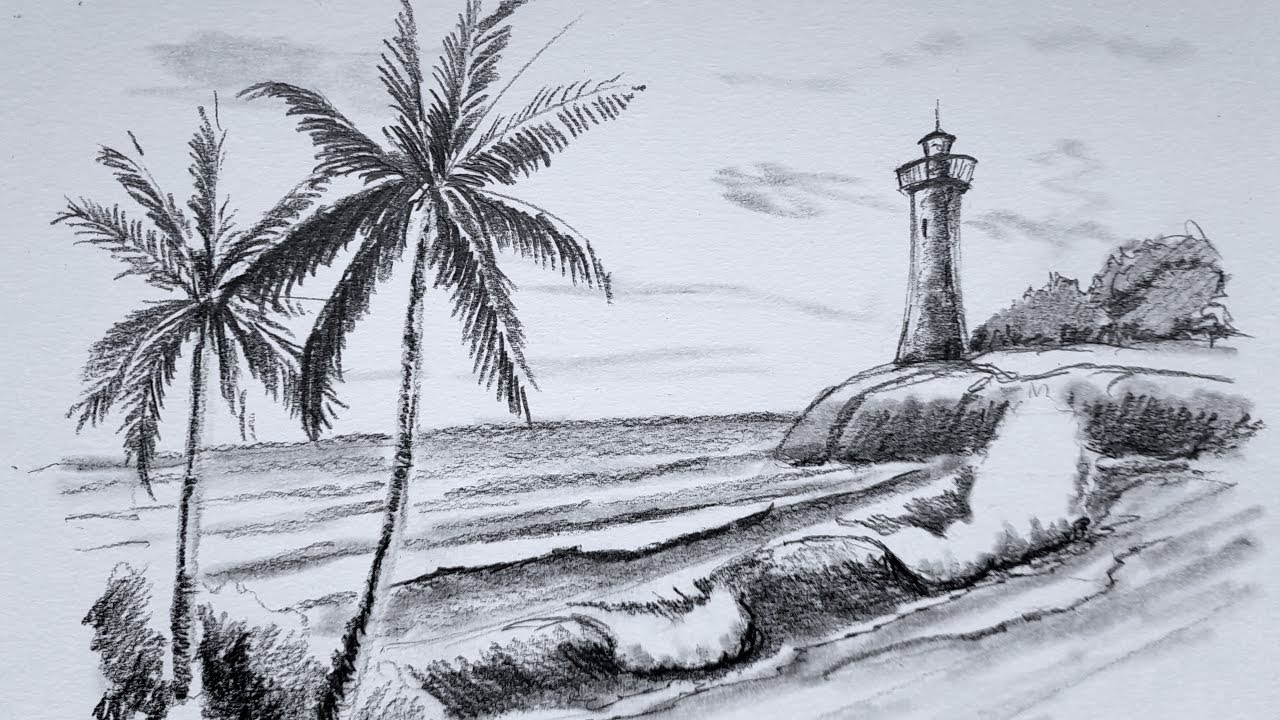 Premium Vector  Beach scene illustration sketch design hand drawn in  black and white