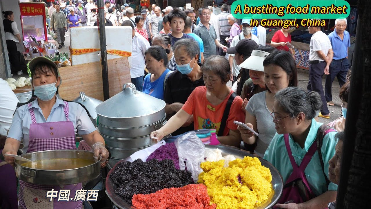 Оживленные рынки, красочная уличная еда и рисовая лапша в Гуанси, Китай