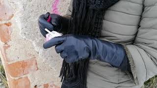 Smoking in Long Black Shiny Leather Gloves