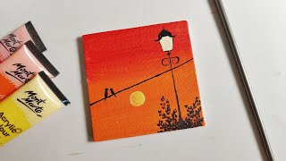 Mini canvas sunset street lamp landscape painting for beginners || aesthetic paintings