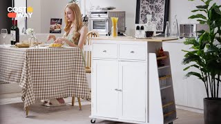 Costway Keukentrolley Van Rubberhout Met Verstelbaar Rek 2 Laden Kruidenrek Wit