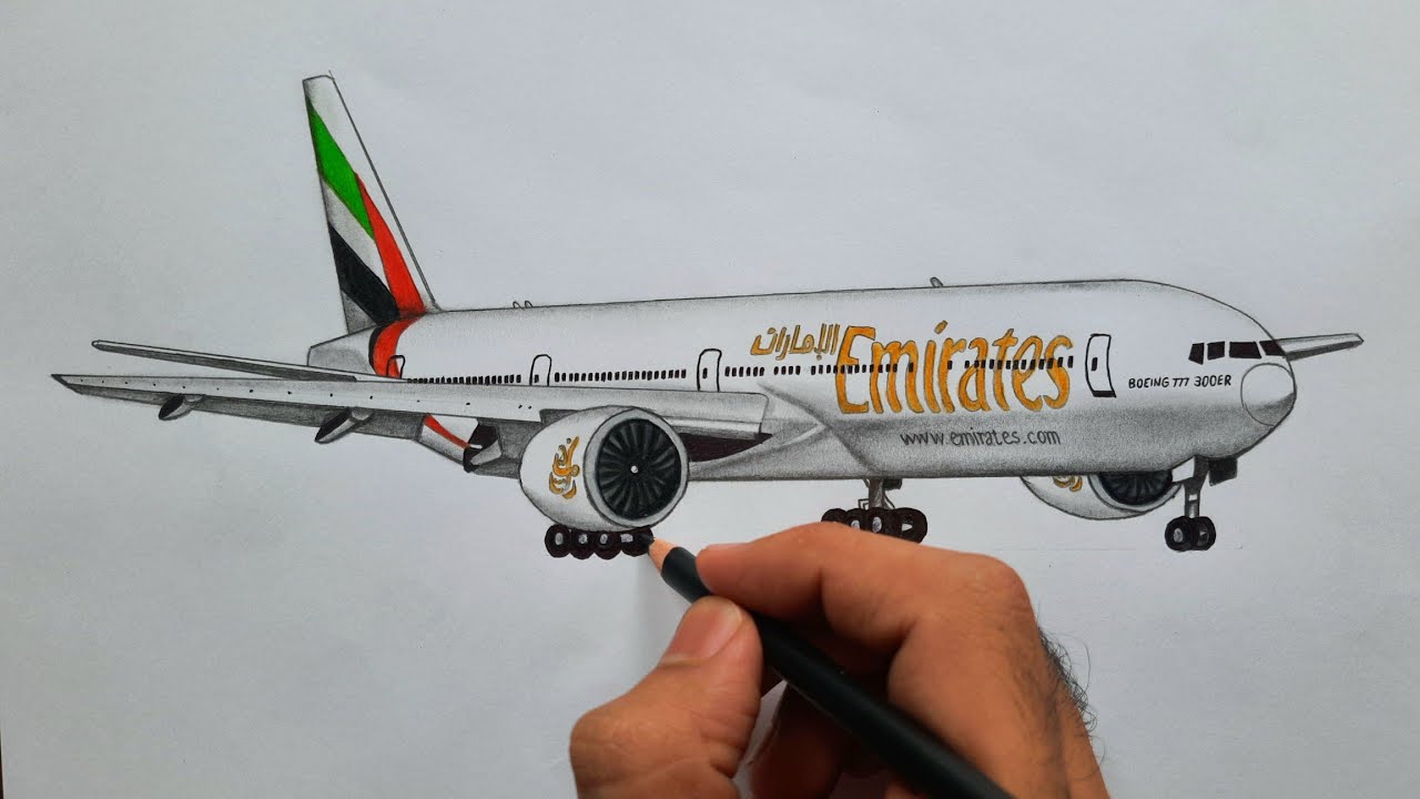 How to draw Boeing 777 300ER Emirates airplane !!
