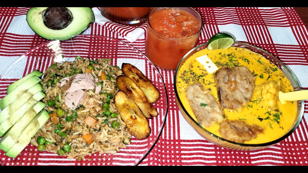 ALMUERZO COMPLETO CHUPE DE PESCADO, ARROZ CON ATÚN JUGO DE PAPAYA #almuerzos #comidaecuatoriana