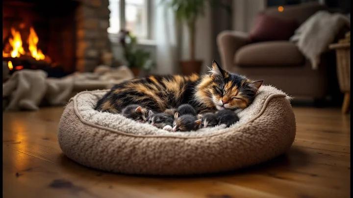 Watch the video about Maine Coon cat sleeps peacefully surrounded by her tiny kittens