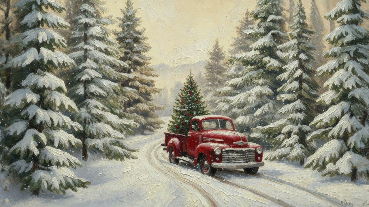 Cozy Winter Forest Frame TV Art. Red Vintage Truck Christmas Scene. No Music
