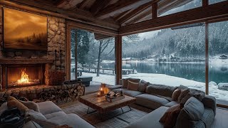 Winter Vibes by the Lake with Soft Jazz Music ❄️ Warm Living Room and Snowfall, Fireplace for Relax