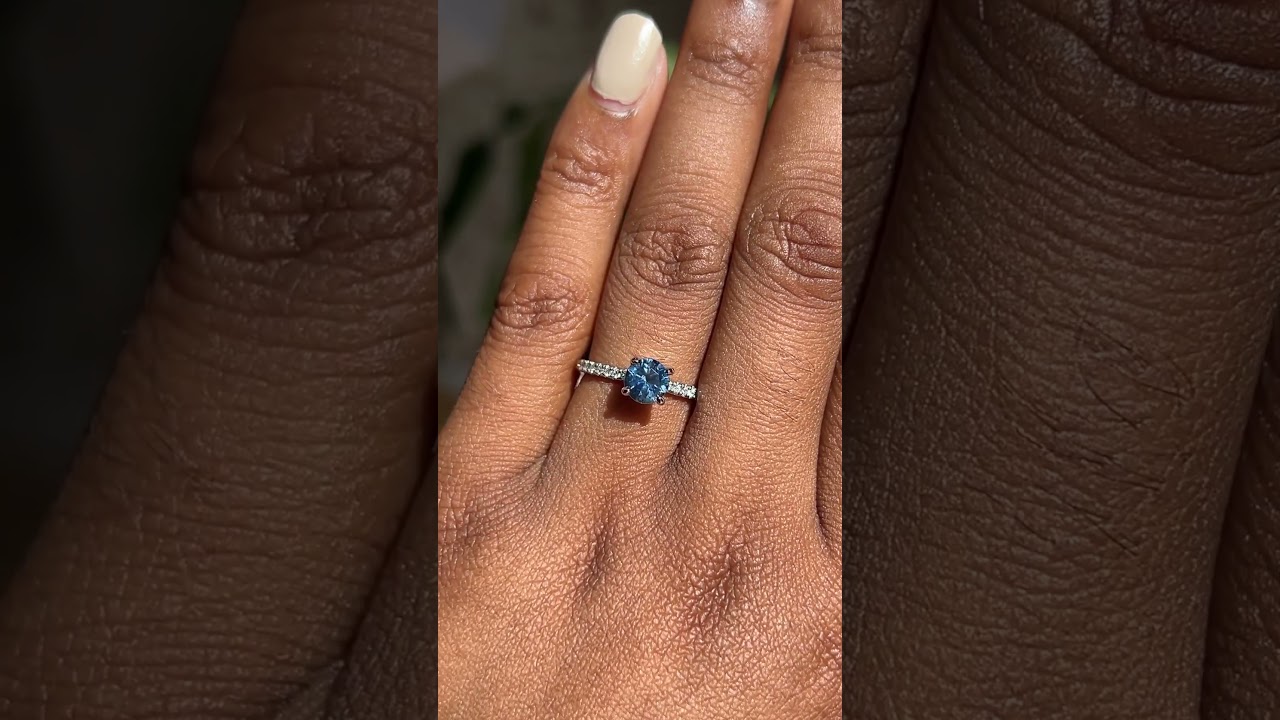 Oval Blue Sandstone Diamond Leaf Engagement Ring 14K White Gold