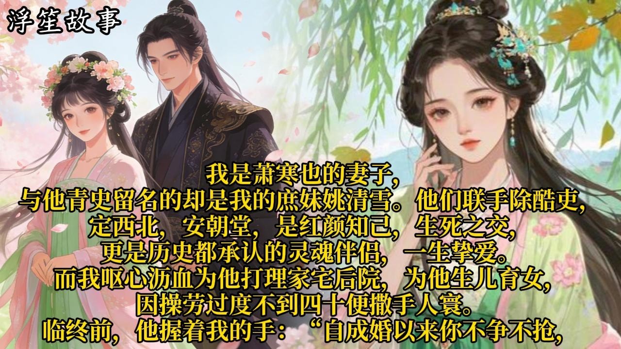 我是萧寒也的妻子，与他青史留名的却是我的庶妹姚清雪。他们联手除酷吏，定西北，安朝堂，是红颜知己，生死之交#重生 #大女主 #复仇 #宫廷 #夺权 #古风 #小说