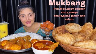 Huge Soft Puri, Spicy Chicken Curry, Rice,Gulabjamun,Mango Shake | Lal Lal Murgir Jhol,Indian Sweets