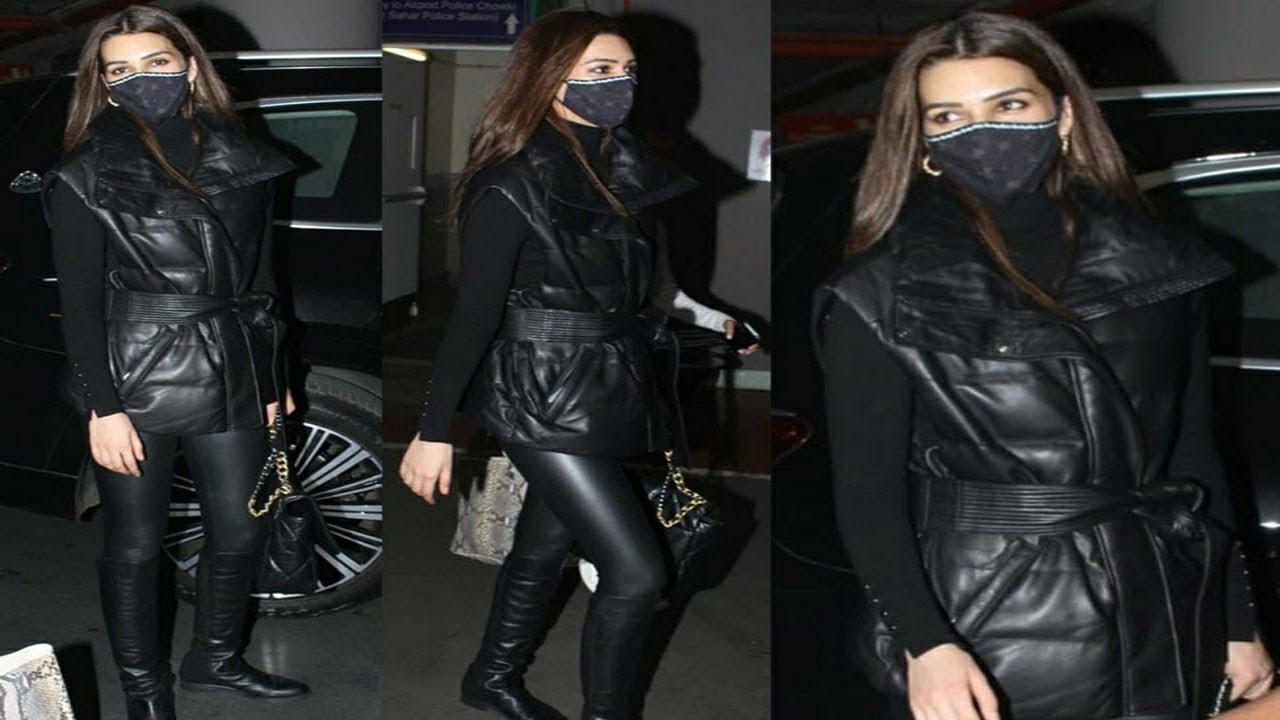 BLACK BEAUTY ðŸ˜˜ Kriti Sanon In Full Leather Outfit Arrives Back To Mumbai  After Wrap Up Ganapath's - YouTube