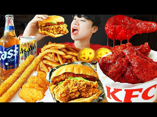 ASMR MUKBANG | CHEESE BURGER, Cheese stick, Fried Chicken, hot dog recipe ! eating class=