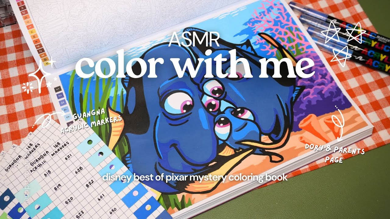 color with me (ASMR) 💙💛 Disney Pixar mystery coloring book | Dory using Guangna acrylic markers