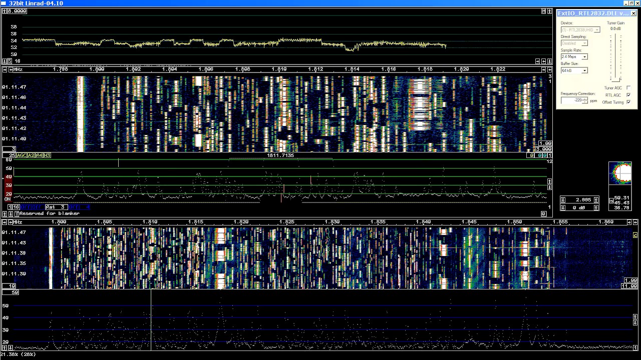 Наблюдение на 1.8MHz (160 метров). Linrad 1.8MHz 2017-01-28 ~