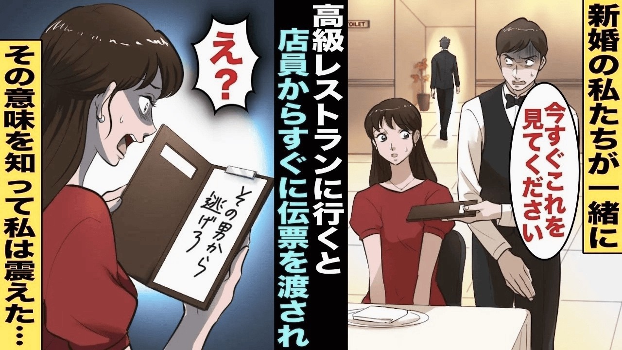 【漫画】結婚したての夫と高級レストランに行くと夫がトイレに立った瞬間にまだ料理も来ていないのに店員から伝票を渡された…そこに書かれていたのは「その男から逃げろ 」実 は 夫 は・・・【総集編】