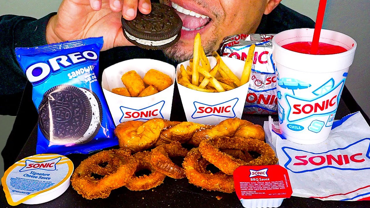 asmr sonic drive in oreo ice cream sandwich cheeseburger tots onion rings pretzel cheese sauce fries