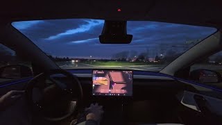 Dusk to Night FSD Drive in Columbus OH with Pure Natural Ambient Car Sound Peaceful Autonomy Testing