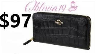 Coach Black Leather Wallet Embossed Crocodile Accordion Zip F39767