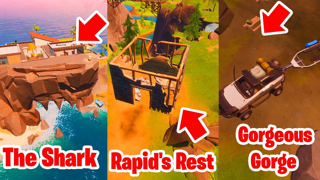 Visit The Shark Rapid S Rest And Gorgeous Gorge Fortnite All 3 Locations Youtube