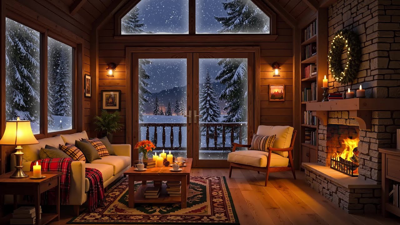 Cozy Cabin Ambience in a Snowy Forest ❄️ Warm Jazz & Crackling Fireplace for Deep Relaxation
