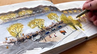 Loose ink and watercolour sketch of High Park