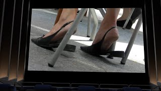 Candid Feet In Slingback Heels Sitting For Brunch