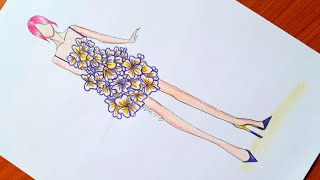 floral dress design drawing step by step/تعلم رسم فستان مصنوع من الورود سهل جدا للمبتدئين/رسم فساتين