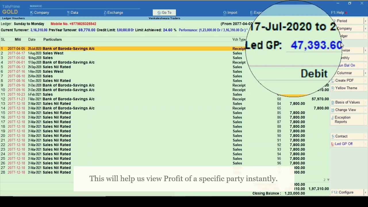Tally Prime Instant Party Profit View In Ledger Report YouTube