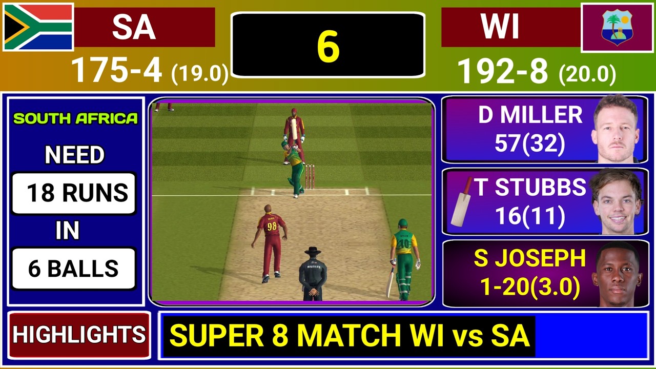 West Indies Vs South Africa T20 World Cup Super 8 Match Score & Commentary | WI vs SA Last Over