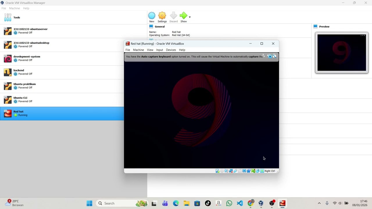 Praktikum sistem operasi IF-12-05 "Install red hat linux di VB"