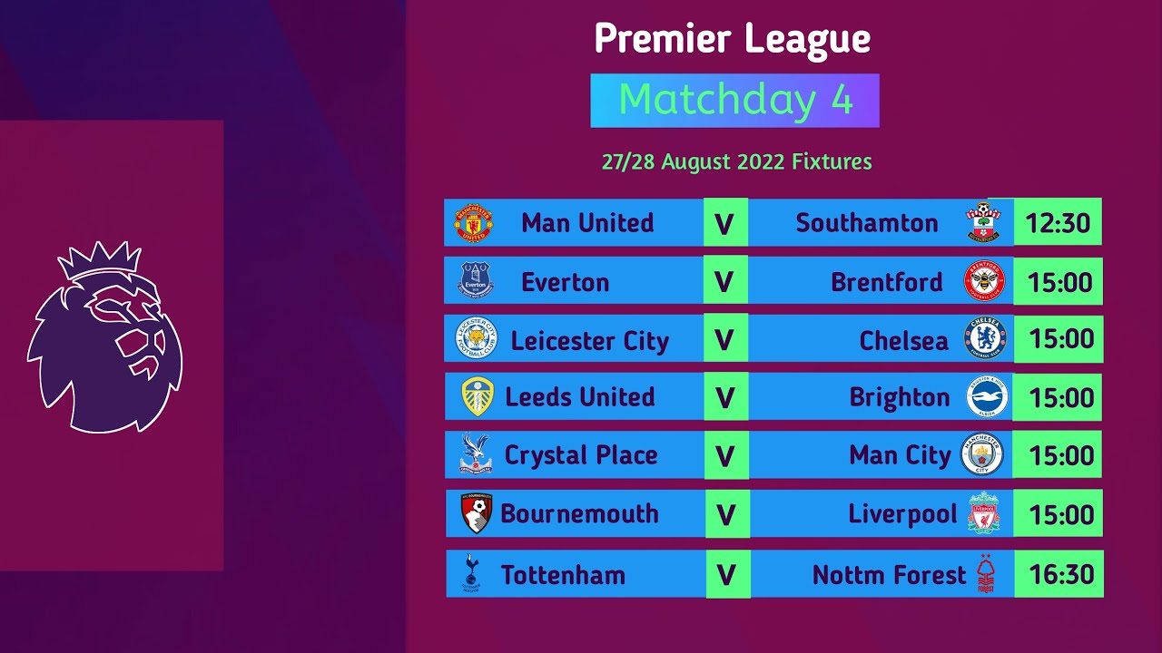 Premier league - Matchday 4 - EPL Fixtures Today