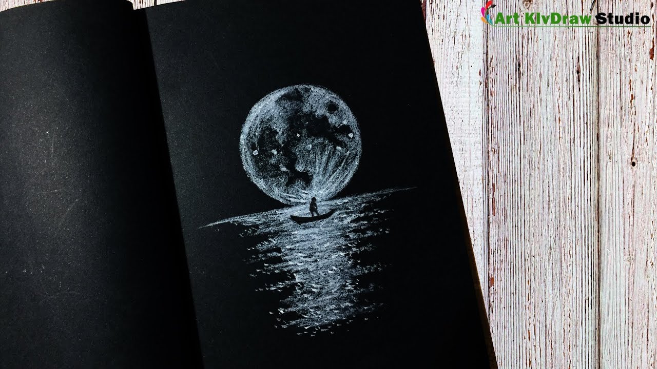 Drawing Moonlight With White Pencil On Black Paper Step By Step Youtube