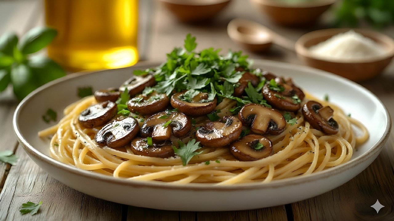 Cremige Spaghetti mit Champignons und Knoblauch