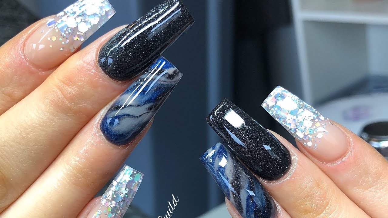 Midnight Blue And Black Diamond Acrylic Nails