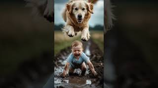 "Golden Retriever Dog Leaps Over Crying Baby in Muddy Field – Cute Dramatic Moment"