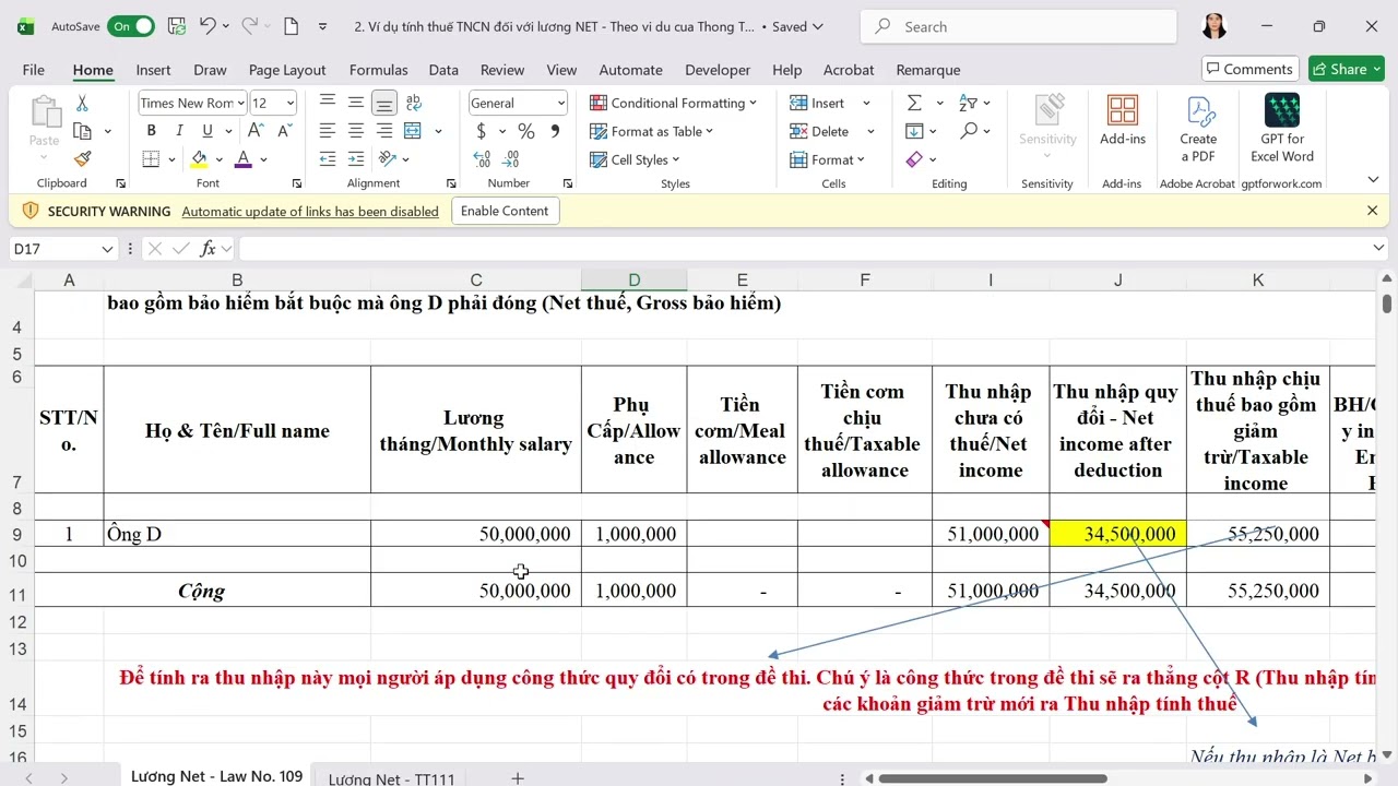Video trình bày cách tính thuế TNCN theo Luật Thuế TNCN số 109 và công thức quy đổi Net - Gross
