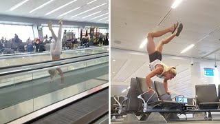 Woman Does Handstand On Travelator At Airport