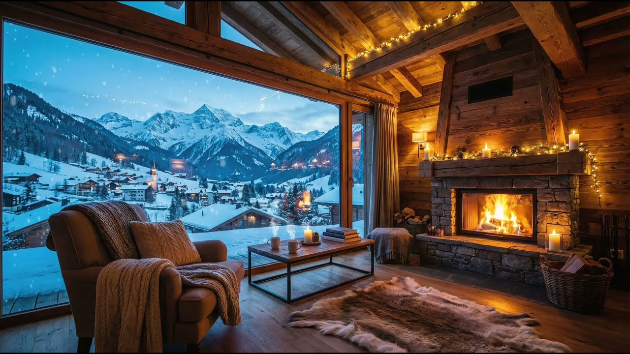 Snowy Mountain Cabin in 4K ❄️ Cozy Fireplace Winter Ambience 🔥