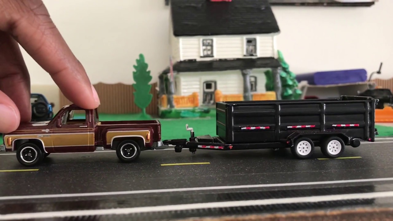 1:64 scale, GreenLight trailer, dump trailer, Matchbox, toy pickup truck, c...