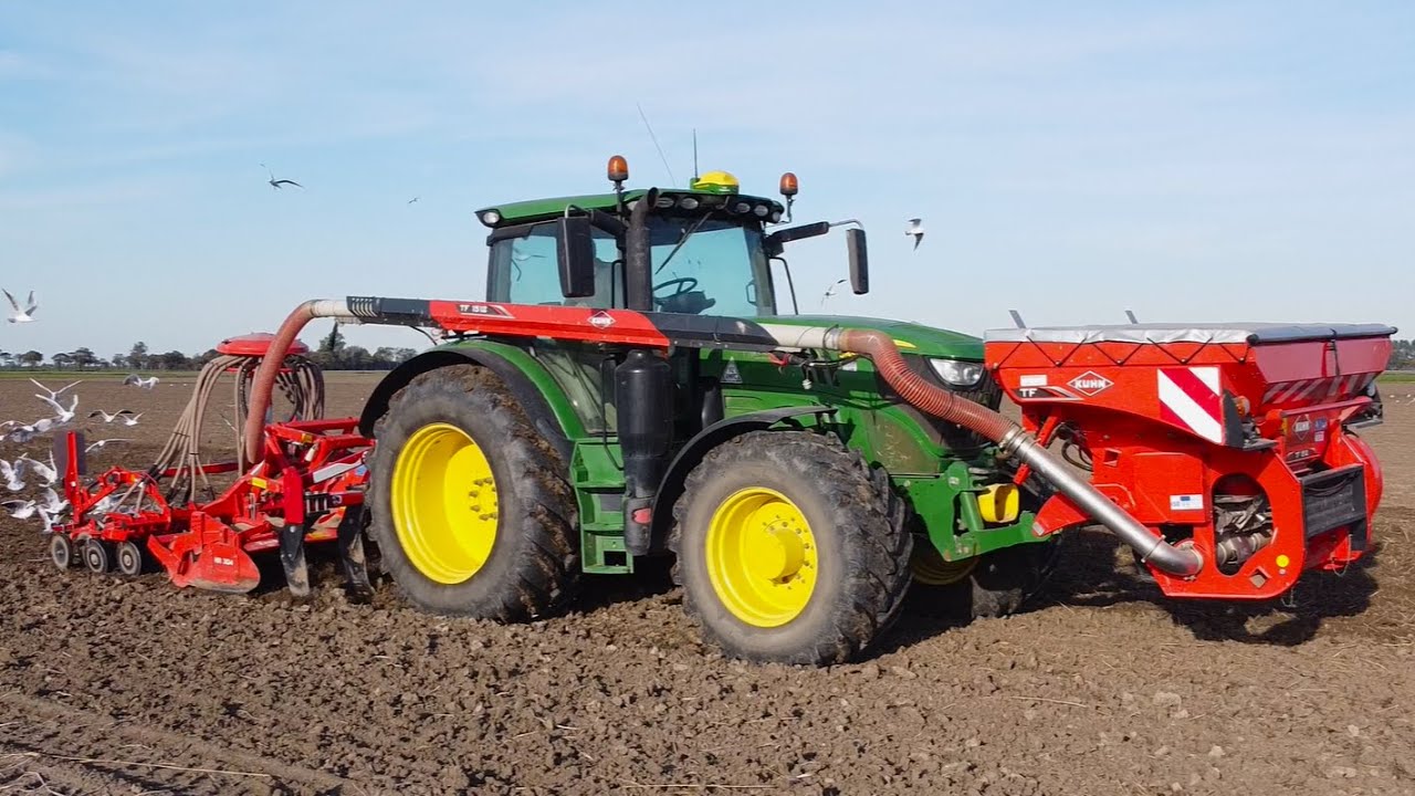Zaaien John Deere 6145R + Kuhn zaaicombinatie