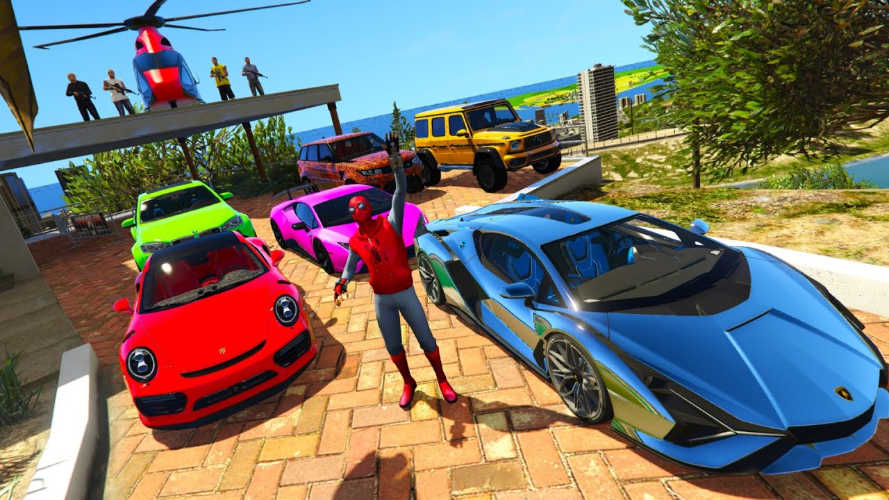 صورة فيديو : GTA V – Stealing Luxury Cars with Spiderman – Awesome Chromed Lamborghini & High Security Place