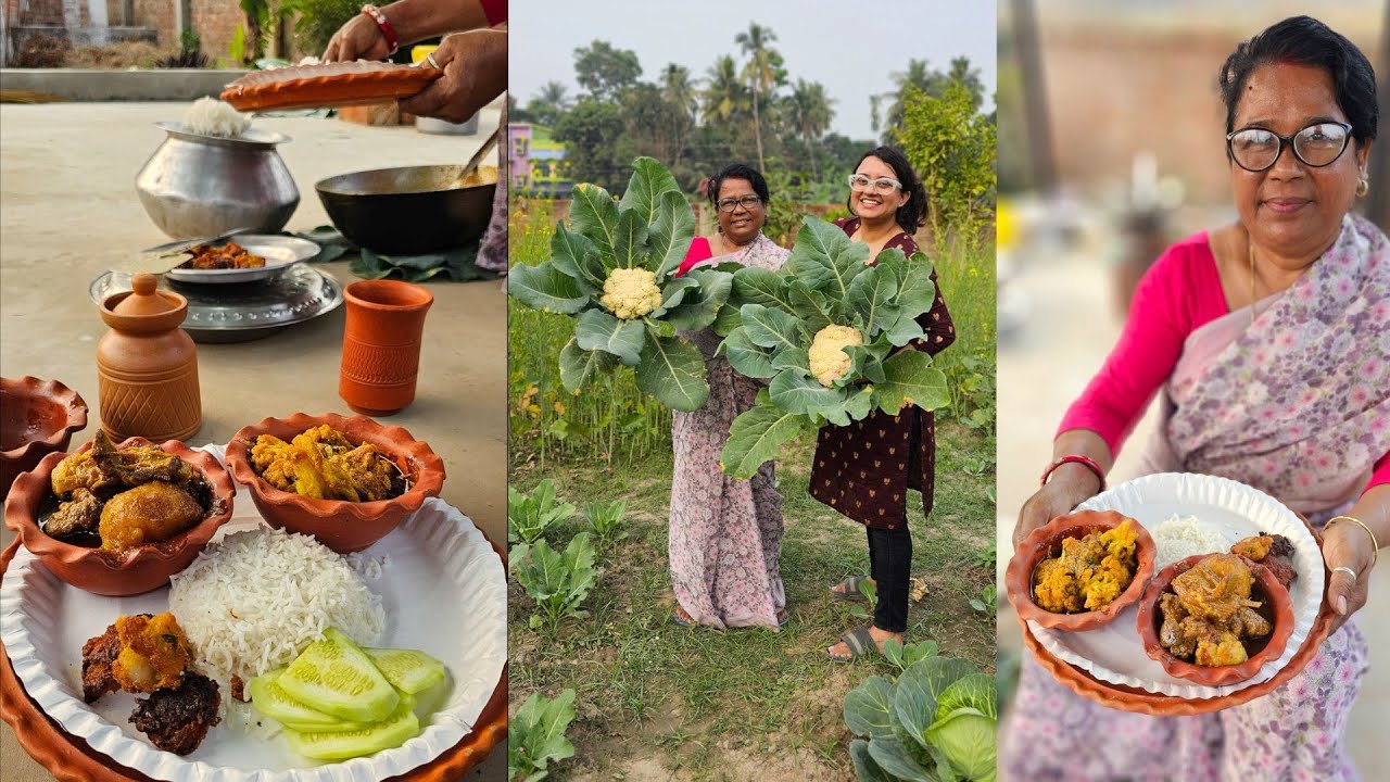 গ্রামে কাঠের জালে খাসি রান্না🐐মা জমি থেকে ফুলকপি তুলে ইমোশনাল হয়ে গেল🥦খাসির চর্বির বড়া গরম ভাত দিয়ে