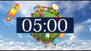 5 minute timer with relaxing upbeat music and alarm! countdown clock for kids, stress relief, fun!