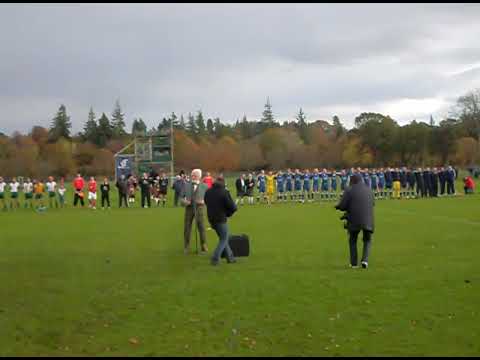 Ronnie Brown sings Flower of Scotland prior to shinty hurling international at Bught Park, Inverness