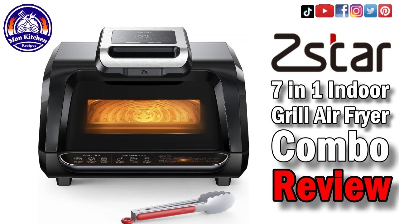  Zstar Indoor Grill Air Fryer Combo with See-Through Window,  7-in-1 Smokeless Electric Air Grill up to 450°F, 1750W Contact Grill with  Non-Stick Removable Plates, Even Heat, Silicon Tongs as Gift, 4Qt