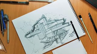 رسم اسكتش معماري بالخطوات | فيلا الشلالات  How to Draw a House: Draw Fallingwater